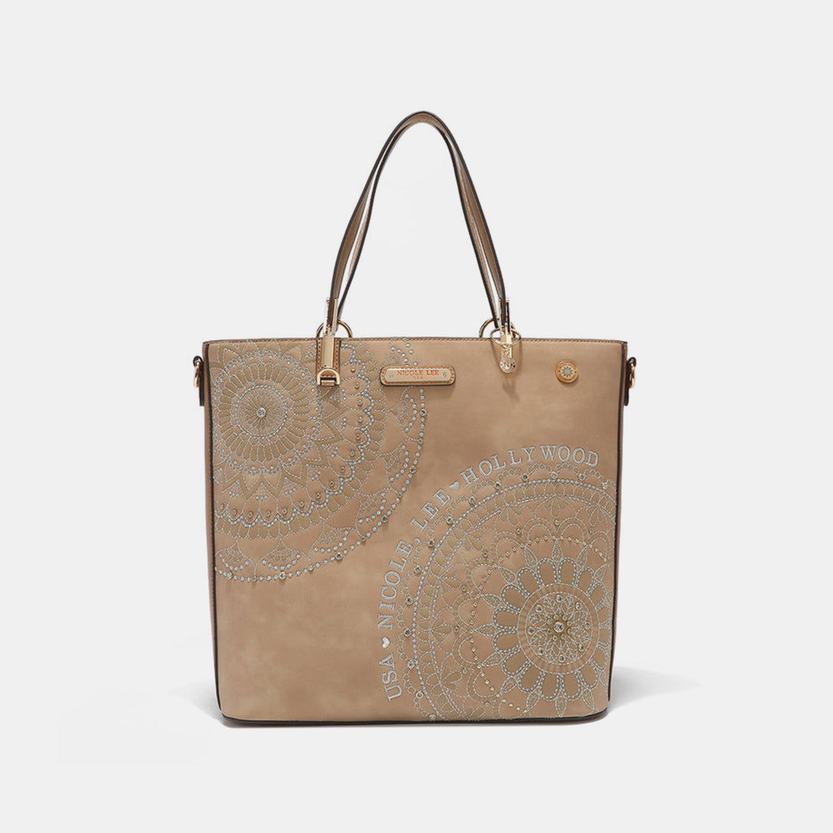 Nicole Lee USA Metallic Stitching Embroidery Inlaid Rhinestone Tote BaThe classic shopper elevated with high-shine embroidery and sleek hardware, our Josefina shopper opens up to 3 spacious compartments to keep your essentials organizeNicole Lee USA Metallic Stitching EmbroideryNicole Lee USA Metallic Stitching Embroidery