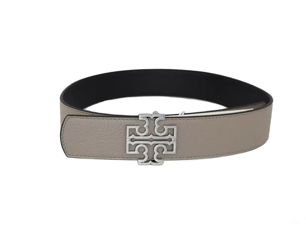 Tory Burch Britten Reversible Logo Buckle 1.5" Belt (Gray Heron/Black)