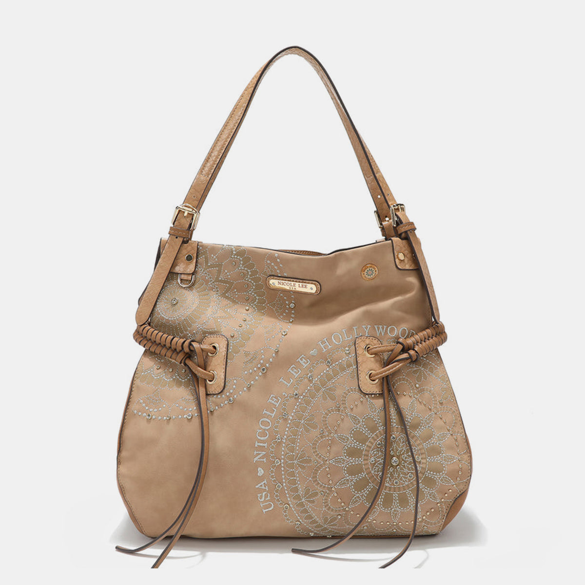 Nicole Lee USA Side Braided Tassel Inlaid Rhinestone Embroidery Hobo BEqually casual and chic, our hobo bag is an effortless fashion statement with its laid-back silhouette and expertly embroidered design.
Bag size: Medium
Material: VeNicole Lee USA Side Braided TasselNicole Lee USA Side Braided Tassel