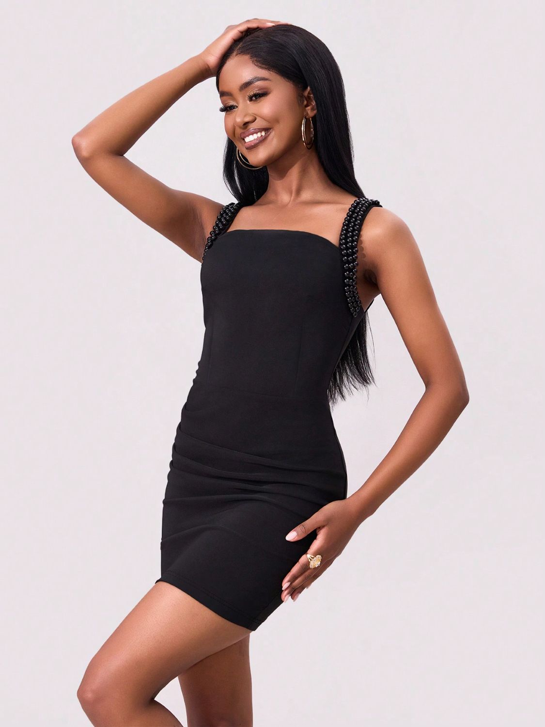 Bead Trim Wide Strap Wrap DressFeatures: Basic style
Sheer: Opaque
Stretch: Moderate stretch
Body: Not lined
Material composition: 95% polyester, 5% elastane
Care instructions: Machine wash cold. Bead Trim Wide Strap Wrap DressDressesBead Trim Wide Strap Wrap Dress