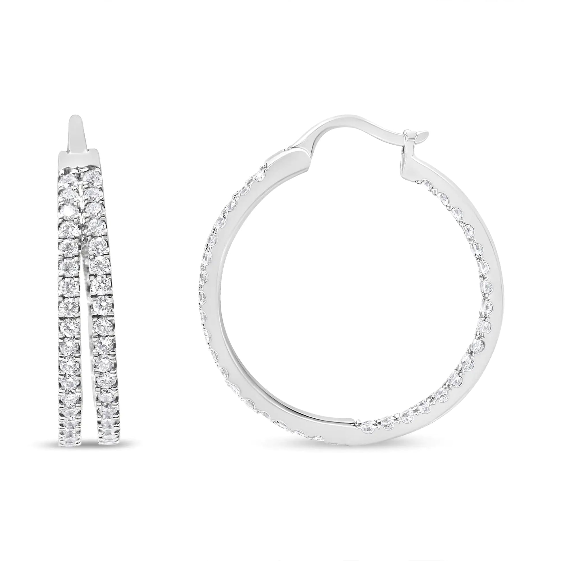 10K White Gold 1 1/2 Cttw Lab Grown Diamond Inside Out Double Row SpliSteal the spotlight with these stunning diamond hoop earrings. Created in cool 10K white gold, each clever double-row hoop showcases layered ribbons sparkling with l10K White Gold 1 1/2 Cttw Lab Grown Diamond InsideEarrings10K White Gold 1 1/2 Cttw Lab Grown Diamond Inside