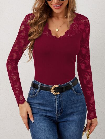 Lace Wavy Hem V-Neck Long Sleeve TopFeatures: Basic style
Sheer: Semi-sheer
Stretch: Slightly stretchy
Material composition: 95% polyester, 5% elastane
Care instructions: Machine wash cold. Tumble dry long sleeve shirtslong sleeve shirts