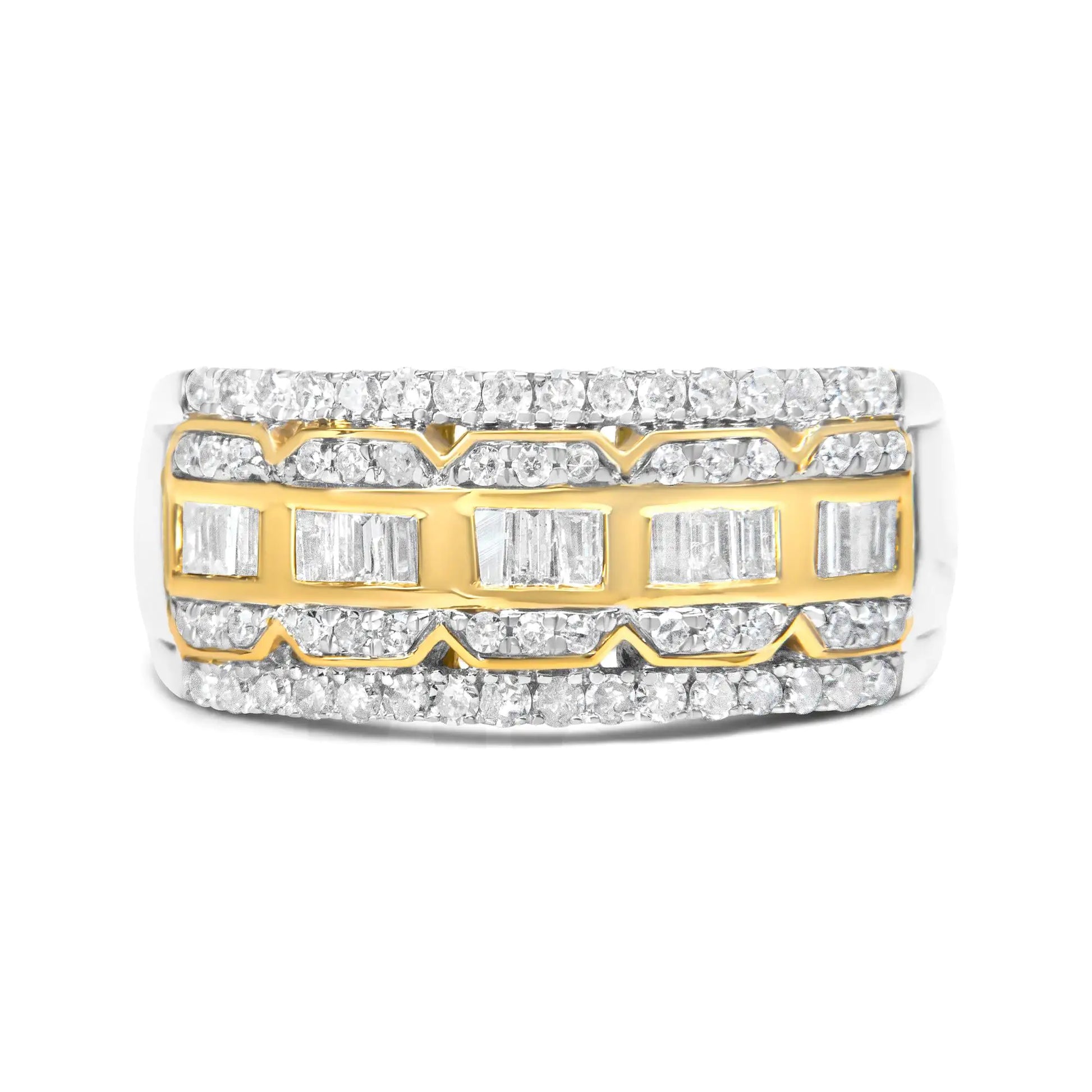 10K White and Yellow Gold 1.00 Cttw Baguette and Round cut Diamond ArtMake a statement with this exquisite art deco inspired ring. Made in 10k white and yellow gold, this piece showcases 1ct TDW of diamonds. A row of baguette cut diamoYellow Gold 1RingsYellow Gold 1