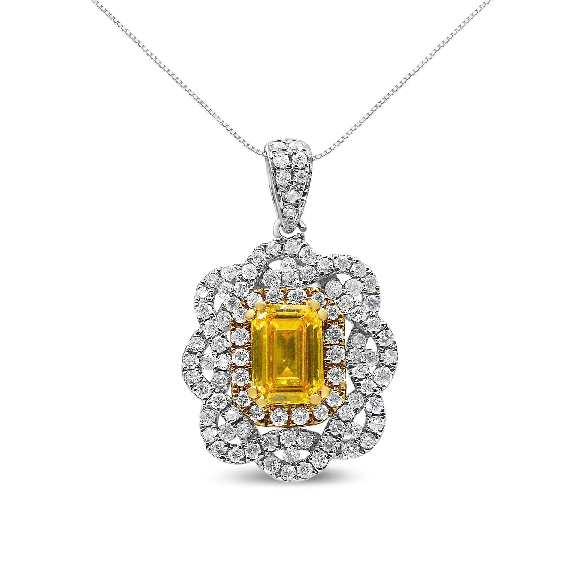 18K Yellow and White Gold 1.75 Cttw Diamond Lab Grown Treated Yellow ETreat yourself to this glamorous 1.75 c.t. diamond fashion necklace, elegantly crafted in 18k white gold, a metal that will stay tarnish free for years to come. The 75 Cttw Diamond Lab Grown Treated Yellow Emerald Center Diamond Halo 18" Pendant Necklace Yellow75 Cttw Diamond Lab Grown Treated Yellow Emerald Center Diamond Halo 18" Pendant Necklace Yellow