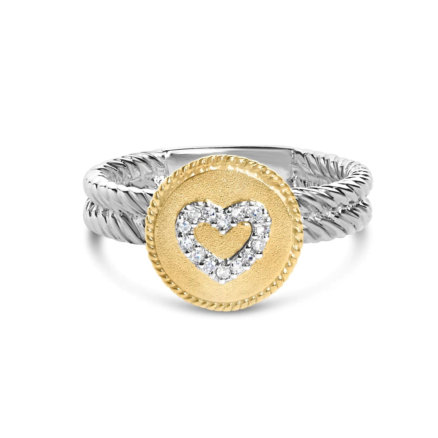 18K yellow gold plated sterling silver diamond heart ring with satin finish.