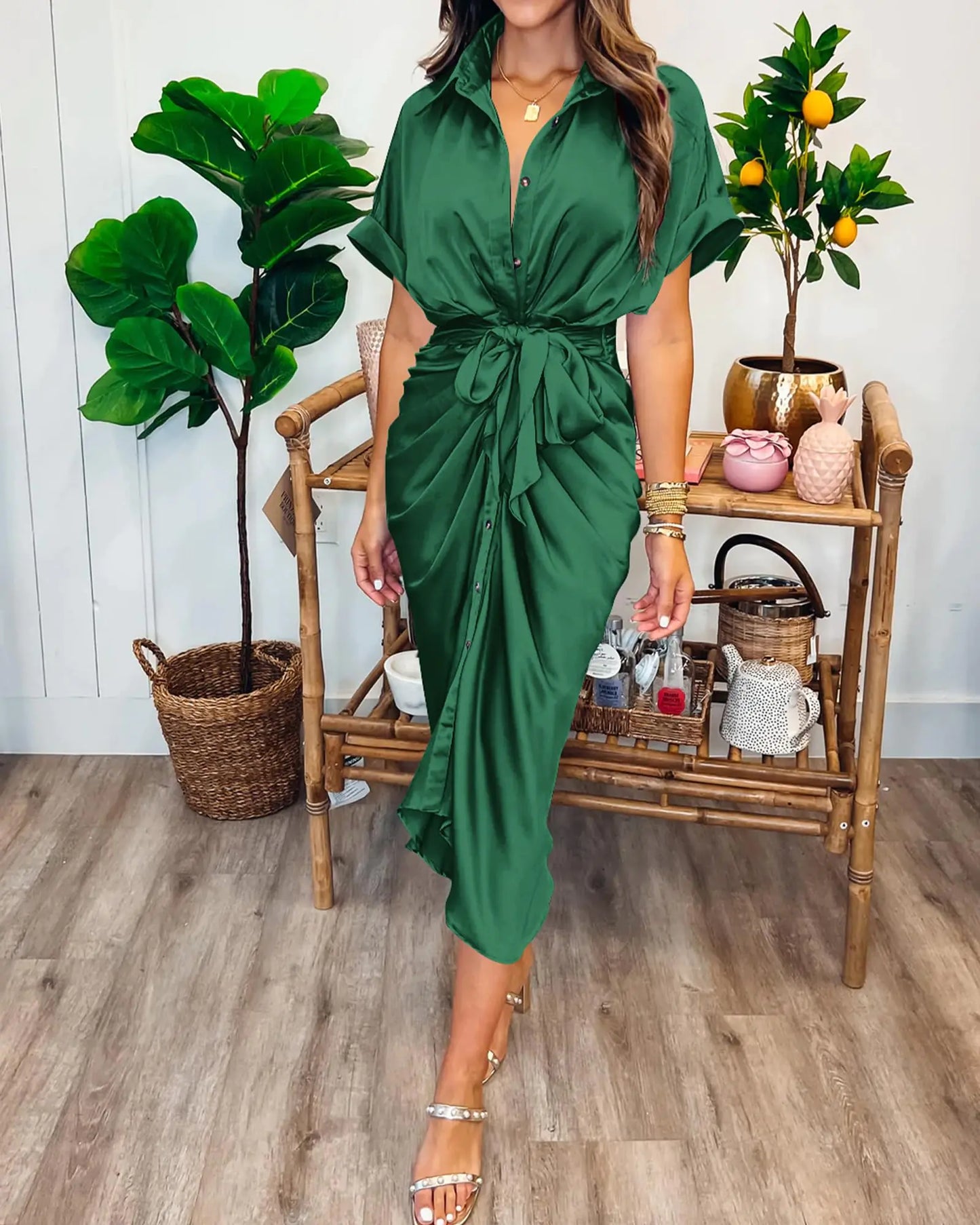 Women Button Down Ruched Shirt Dresses Short Sleeve Lapel V Neck Elegant Party Spring Summer Maxi Satin Dress