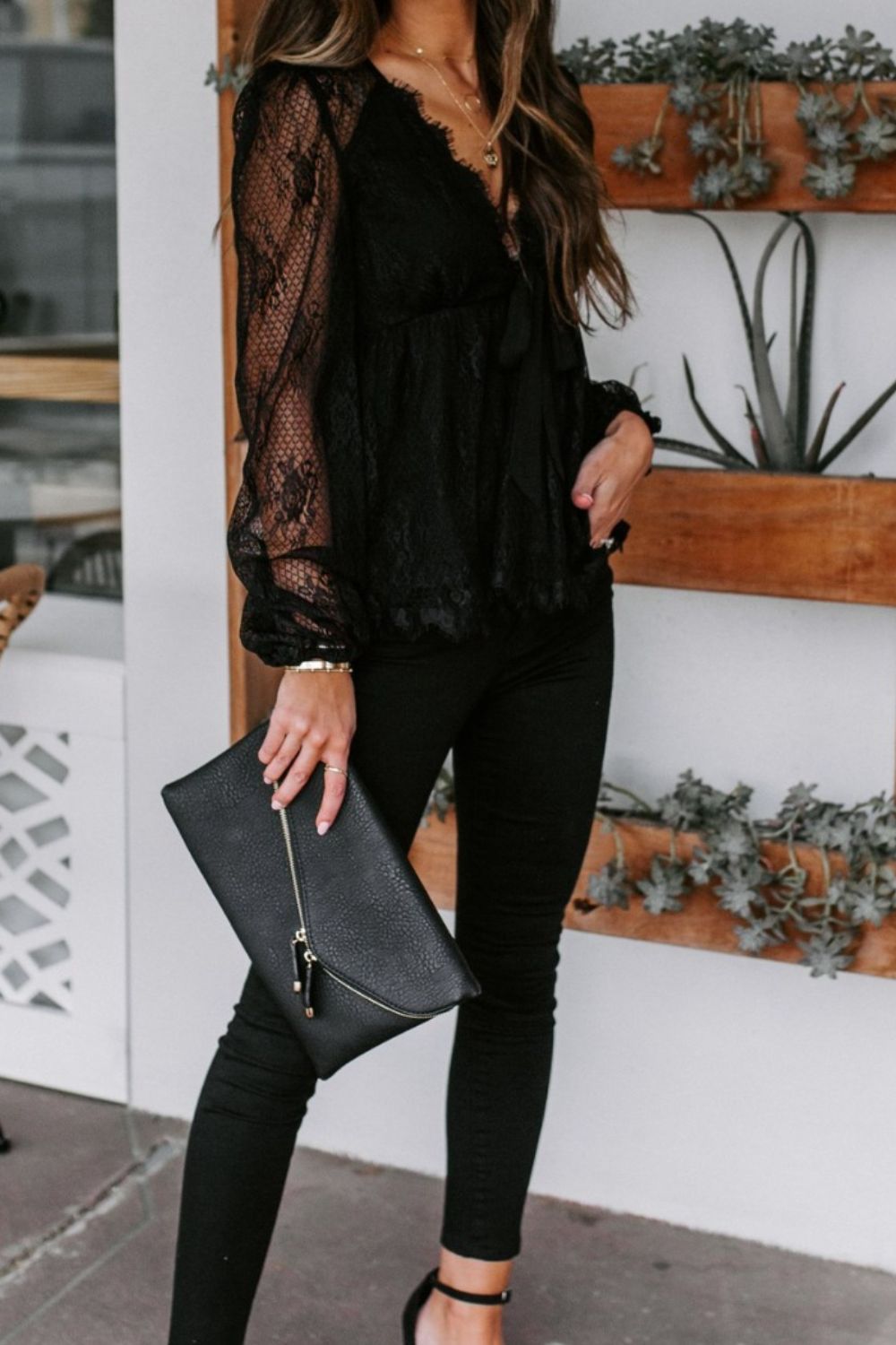 Lace Detail Plunge Long Sleeve BlouseElevate your wardrobe with our Lace Detail Plunge Long Sleeve Blouse. Featuring a flattering plunge neckline and delicate lace accents, this blouse exudes elegance aLace Detail Plunge Long Sleeve BlouseLace Detail Plunge Long Sleeve Blouse