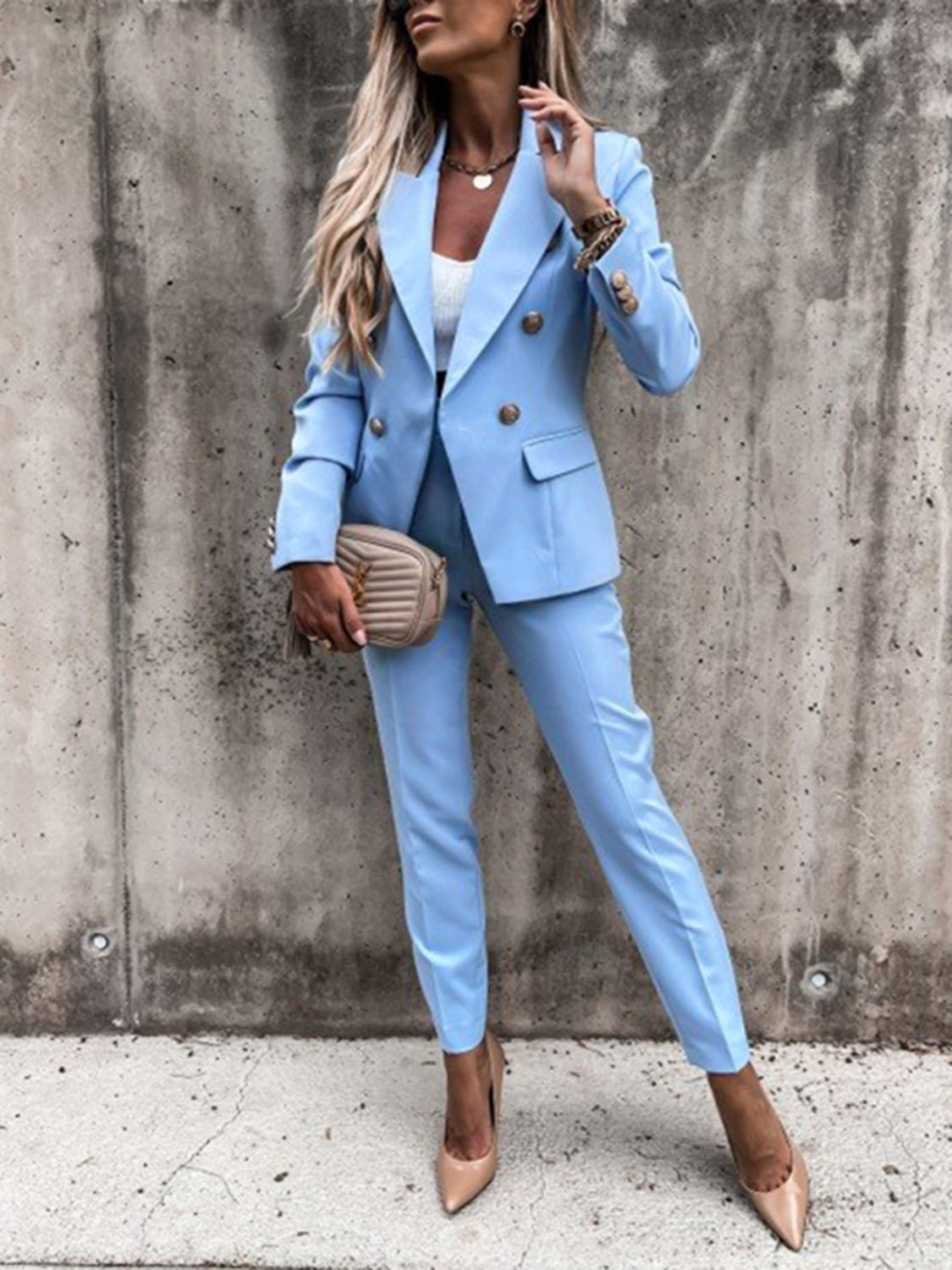 Lapel Collar Long Sleeve Blazer and Pants SetFeatures: Basic style
Number of pieces: Two-piece
Stretch: Slightly stretchy
Material composition: 95% polyester, 5% spandex
Care instructions: Machine wash cold. TuLapel Collar Long Sleeve BlazerLapel Collar Long Sleeve Blazer