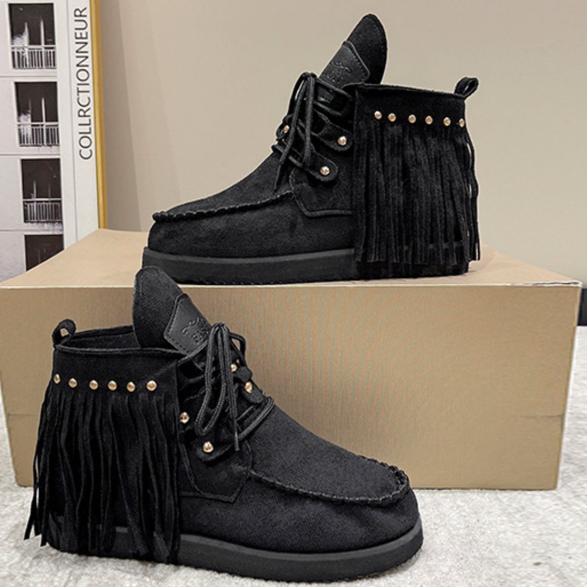 Fringe Studded Round Toe Canvas BootsIncludes: Box not included
Heel height: Flats
Material: Canvas, Rubber
Imported
Product Measurements (Measurements by inches) &amp; Size Conversion

Size
Foot lengthFringe Studded Round Toe Canvas BootsFringe Studded Round Toe Canvas Boots