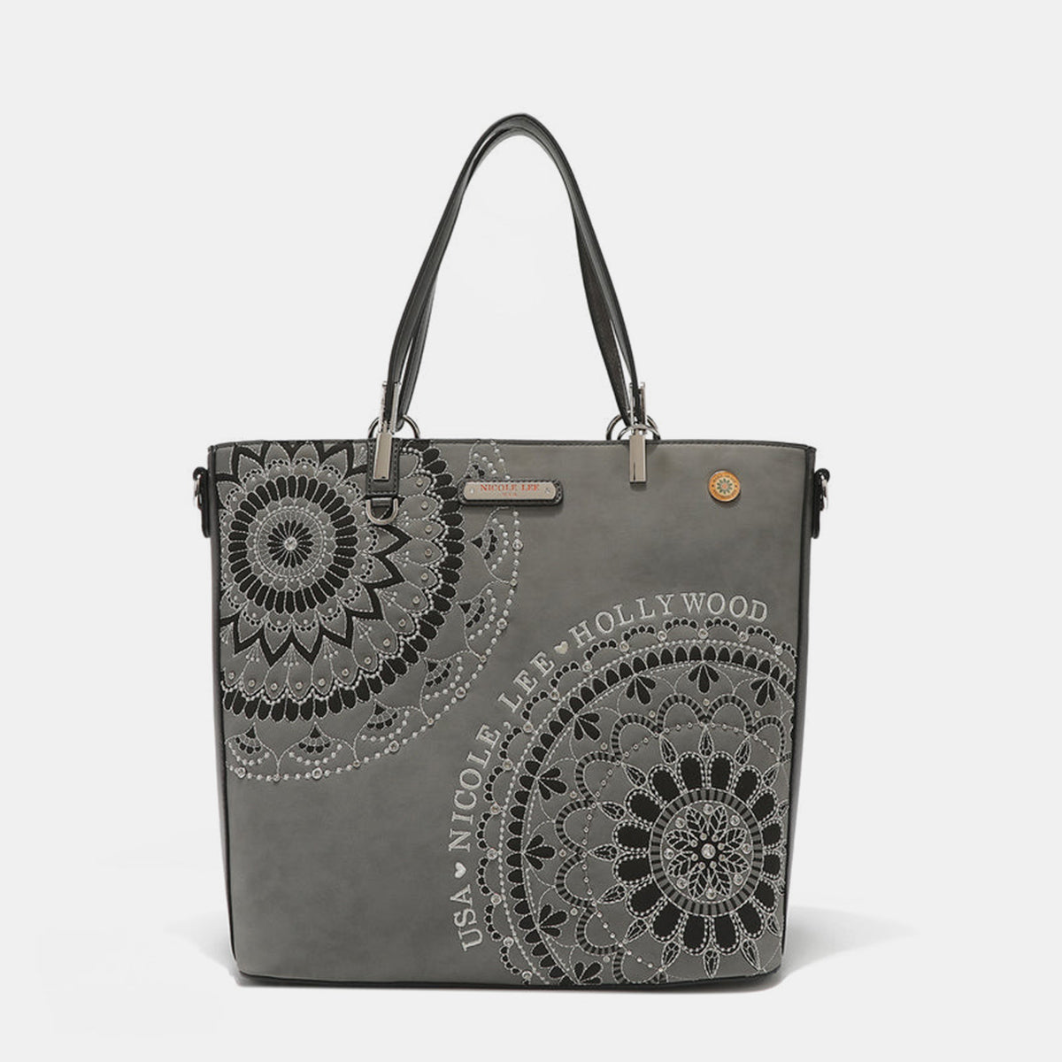 Nicole Lee USA Metallic Stitching Embroidery Inlaid Rhinestone Tote BaThe classic shopper elevated with high-shine embroidery and sleek hardware, our Josefina shopper opens up to 3 spacious compartments to keep your essentials organizeNicole Lee USA Metallic Stitching EmbroideryNicole Lee USA Metallic Stitching Embroidery