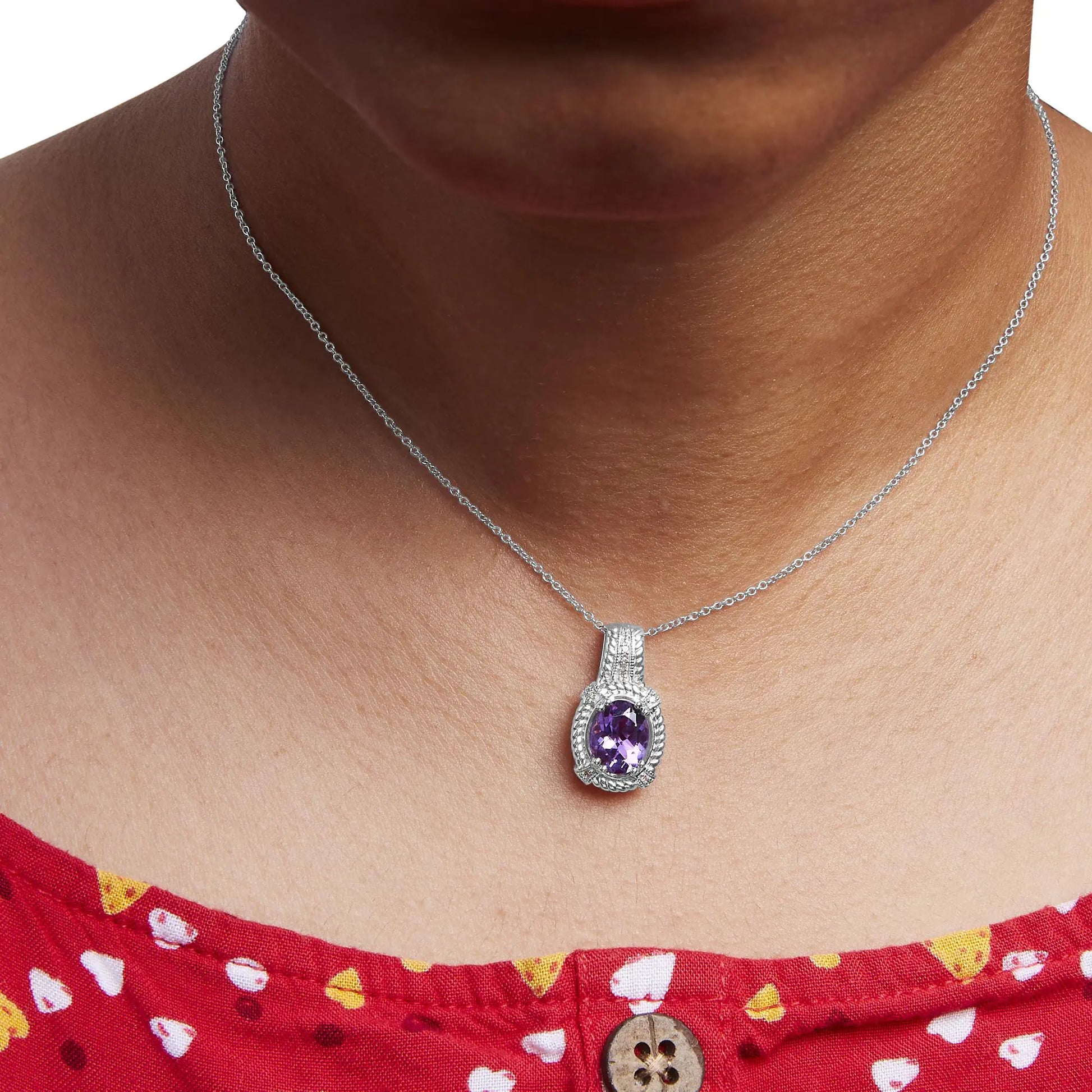 Sterling Silver Purple Amethyst Drop Pendant Necklace with Diamond Accents – Elegant and Timeless