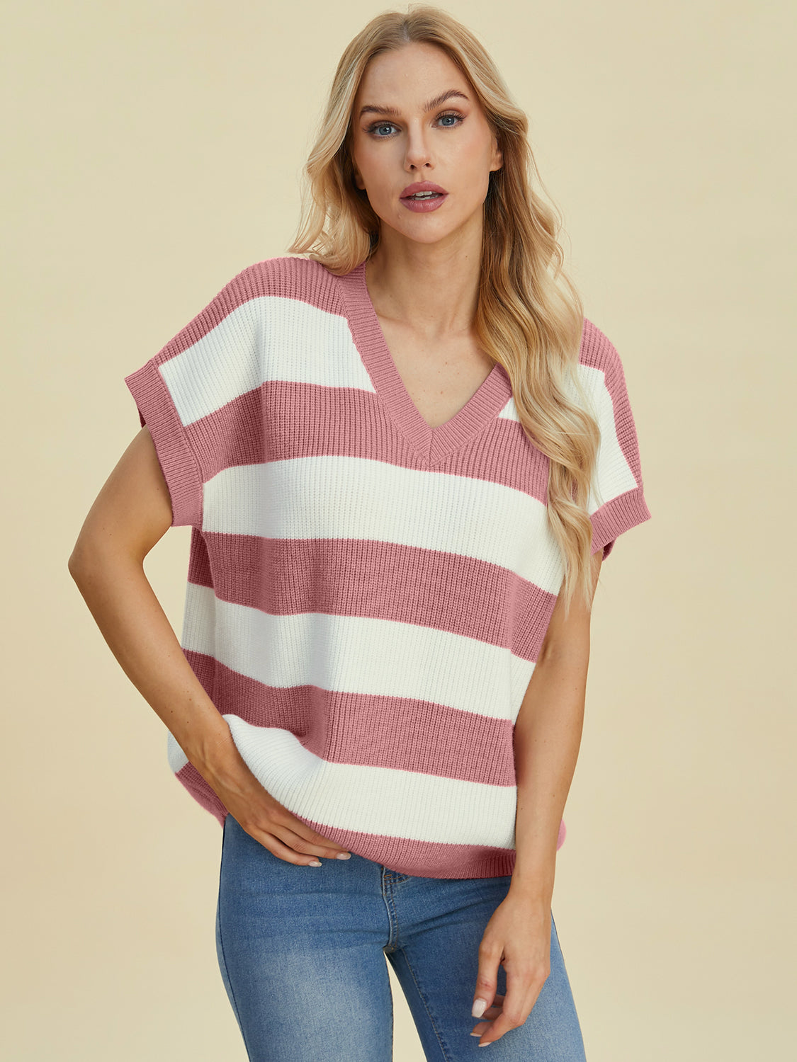 Double Take Full Size Striped V-Neck Short Sleeve SweaterFeatures: Basic style
Stretch: Moderate stretch
Material composition: 50% viscose, 29% polyester, 21% polyamide
Care instructions: Machine wash cold. Tumble dry low.-Neck Short Sleeve Sweater-Neck Short Sleeve Sweater