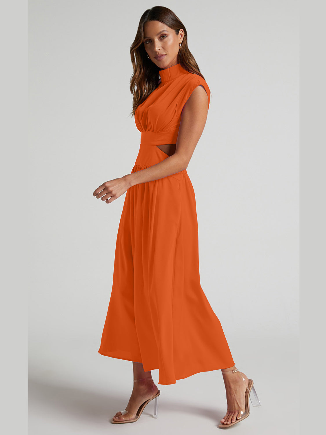 Cutout Mock Neck Sleeveless Ruched DressFeatures: Cutout
Sheer: Opaque
Stretch: Slightly stretchy
Body: Not lined
Material composition: 95% polyester, 5% spandex
Care instructions: Machine wash cold. TumblCutout Mock Neck Sleeveless Ruched DressCutout Mock Neck Sleeveless Ruched Dress