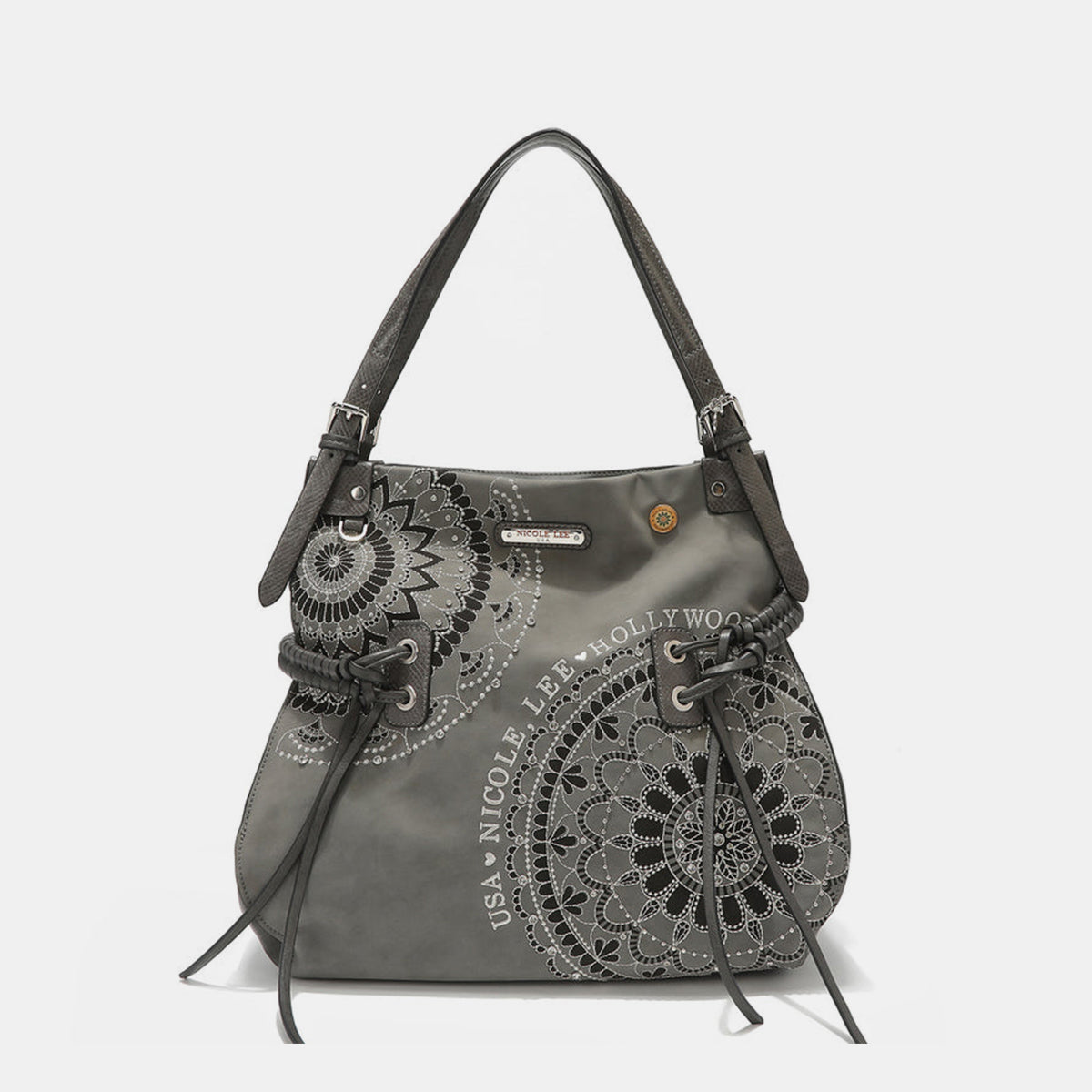 Nicole Lee USA Side Braided Tassel Inlaid Rhinestone Embroidery Hobo BEqually casual and chic, our hobo bag is an effortless fashion statement with its laid-back silhouette and expertly embroidered design.
Bag size: Medium
Material: VeNicole Lee USA Side Braided TasselNicole Lee USA Side Braided Tassel