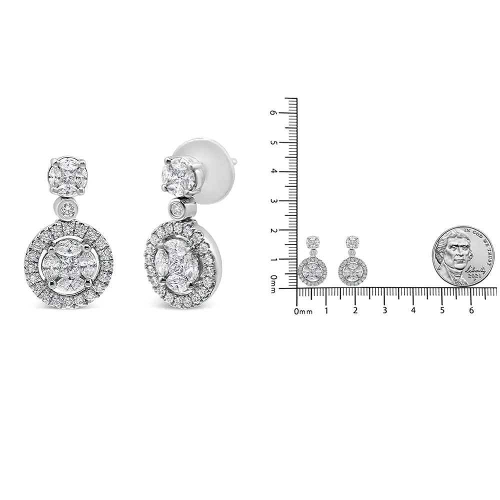 18K White Gold Round Shape Diamond Composite Halo Dangle Stud EarringTake your evening attire from ready to resplendent with these gorgeous diamond drop earrings. Crafted in cool 18K white gold, each exquisite dangle features an round18K White Gold Round Shape Diamond Composite Halo Dangle Stud EarringEar Rings18K White Gold Round Shape Diamond Composite Halo Dangle Stud Earring