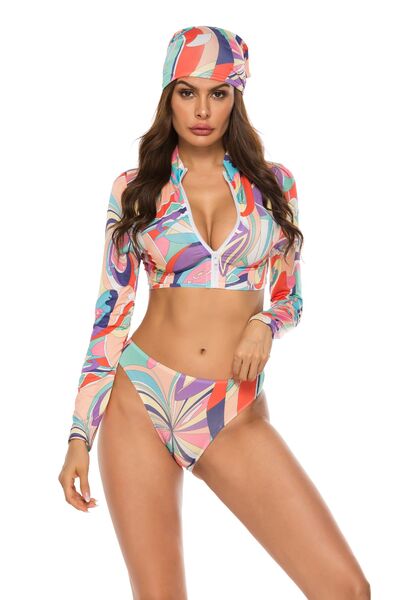 Printed Zip Up Three-Piece Swim SetFeatures: Basic style
Number of pieces: Three-piece
Chest pad: No padding
Underwire: No underwire
Stretch: Highly stretchy
Material composition: 90% polyester 10% sp-Piece Swim Set-Piece Swim Set