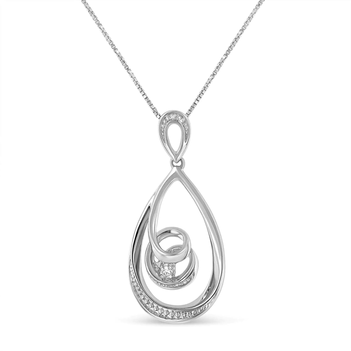 10K white gold diamond accented open teardrop twisted curl pendant necklace.