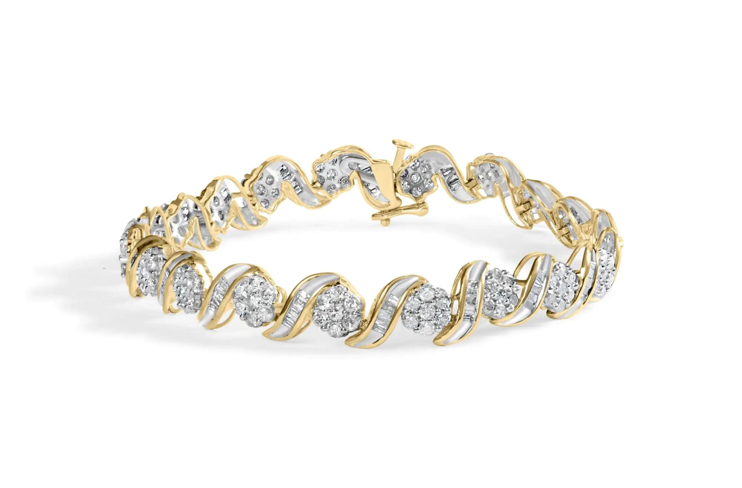 10K Yellow Gold Diamond Floral Design Spiral Link Bracelet with sparkling floral diamond pattern.