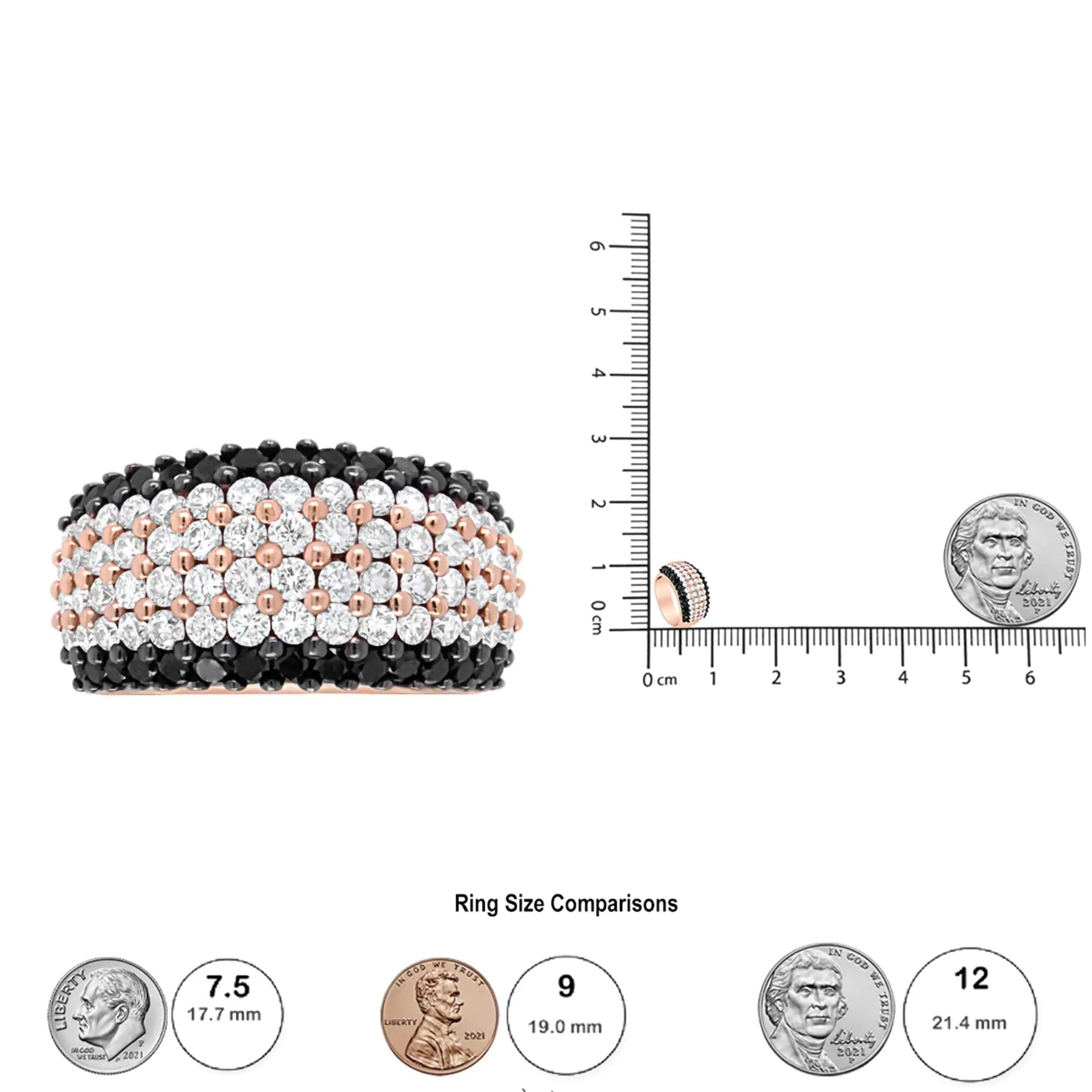 18K Rose Gold 2 1/5 Cttw Black and White Diamond 6 Row Band Ring (F-G Pops of rose gold dance delicately across this black and white colored piece. The 18k rose gold band has 4 central rows of natural white diamonds flanked by a row of18K Rose Gold 2 15 Cttw Black18K Rose Gold 2 15 Cttw Black