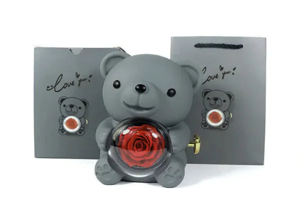 Rotating Bear Gift Box Rose Jewelry Box – Unique Jewelry Organizer with Rotating Display