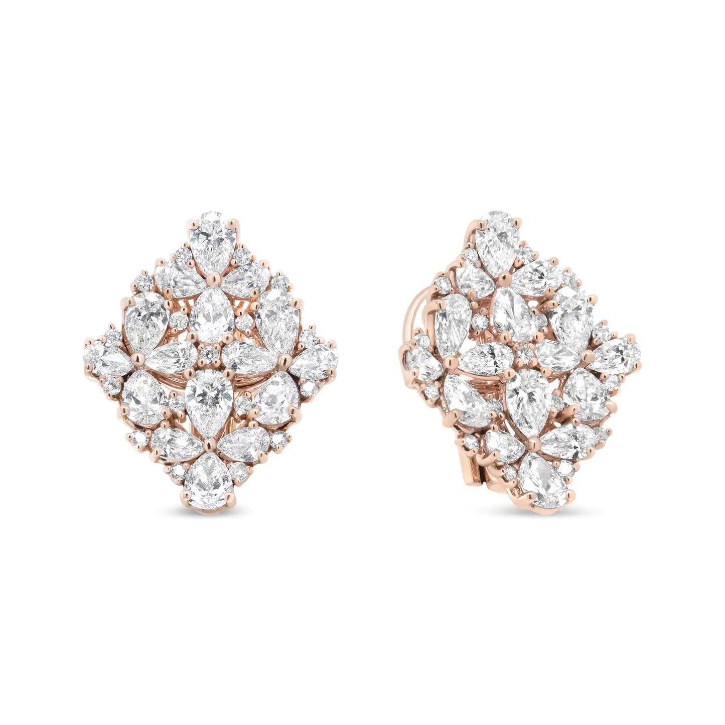 18K Rose Gold  Pear and Round Diamond Floral Cluster Omega EarringsThese bold earrings dazzle with a wow-factor like none other! A shimmering collection of diamonds sparkle from all over the face of these marquise-shaped earrings. GRound Diamond Floral Cluster Omega EarringsEarringsRound Diamond Floral Cluster Omega Earrings