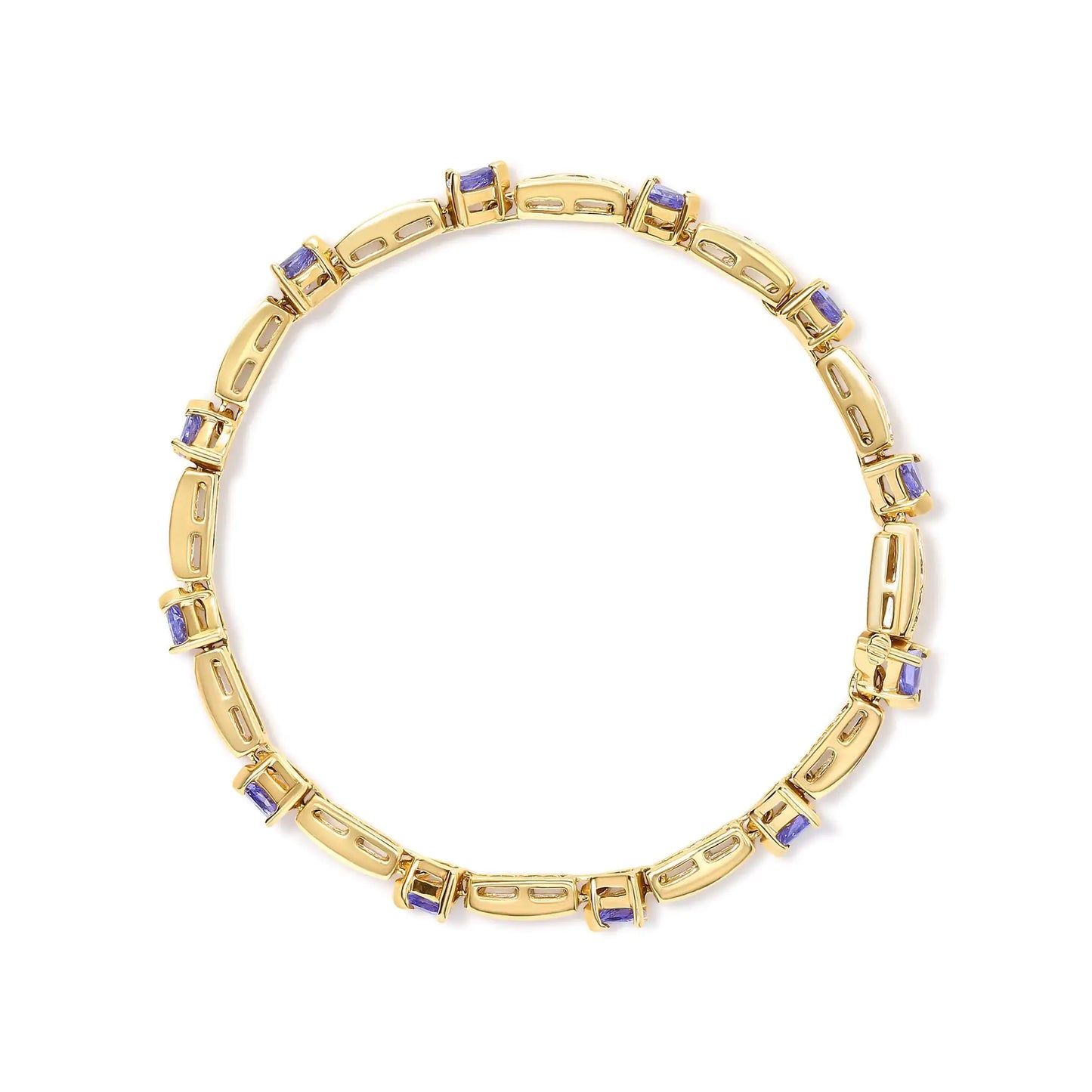 14K Yellow 5MM Trillion Cut Blue Tanzanite and 1 1/10 Cttw Diamond TenThis stunning 14K yellow gold bracelet is the perfect addition to your jewelry collection. It features 12 gorgeous trillion cut blue tanzanite stones, each measuring14K Yellow 5MM Trillion Cut Blue TanzaniteBracelet14K Yellow 5MM Trillion Cut Blue Tanzanite