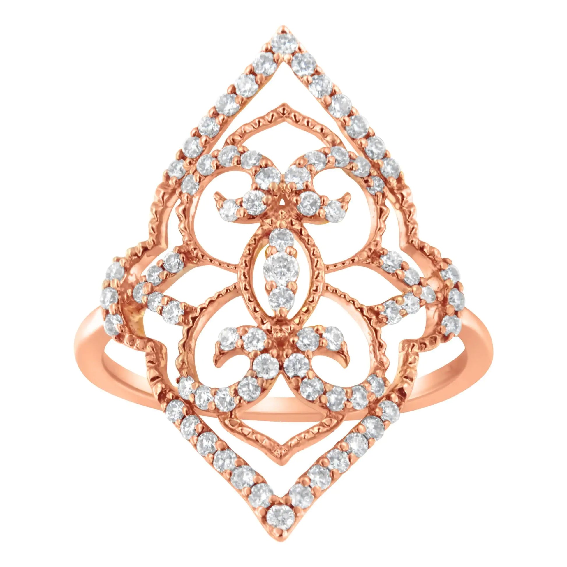 10K Rose Gold Diamond Cocktail Ring (1/2 Cttw, H-I Color, I1-I2 ClaritThis intricately designed cocktail ring features a central cluster of three round diamonds surrounded in an elaborate scrolled motif accented by further diamonds. Cr10K Rose Gold Diamond Cocktail Ring (1/2 Cttw,Rings10K Rose Gold Diamond Cocktail Ring (1/2 Cttw,