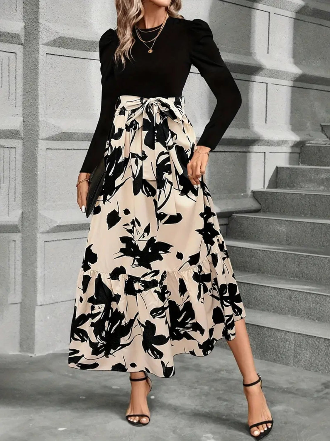 Tied Printed Round Neck Long Sleeve Midi DressFeatures: Basic style
Sheer: Opaque
Stretch: Slightly stretchy
Body: Not lined
Material composition: 95% polyester, 5% spandex
Care instructions: Machine wash cold. Tied Printed Round Neck Long Sleeve Midi DressTied Printed Round Neck Long Sleeve Midi Dress