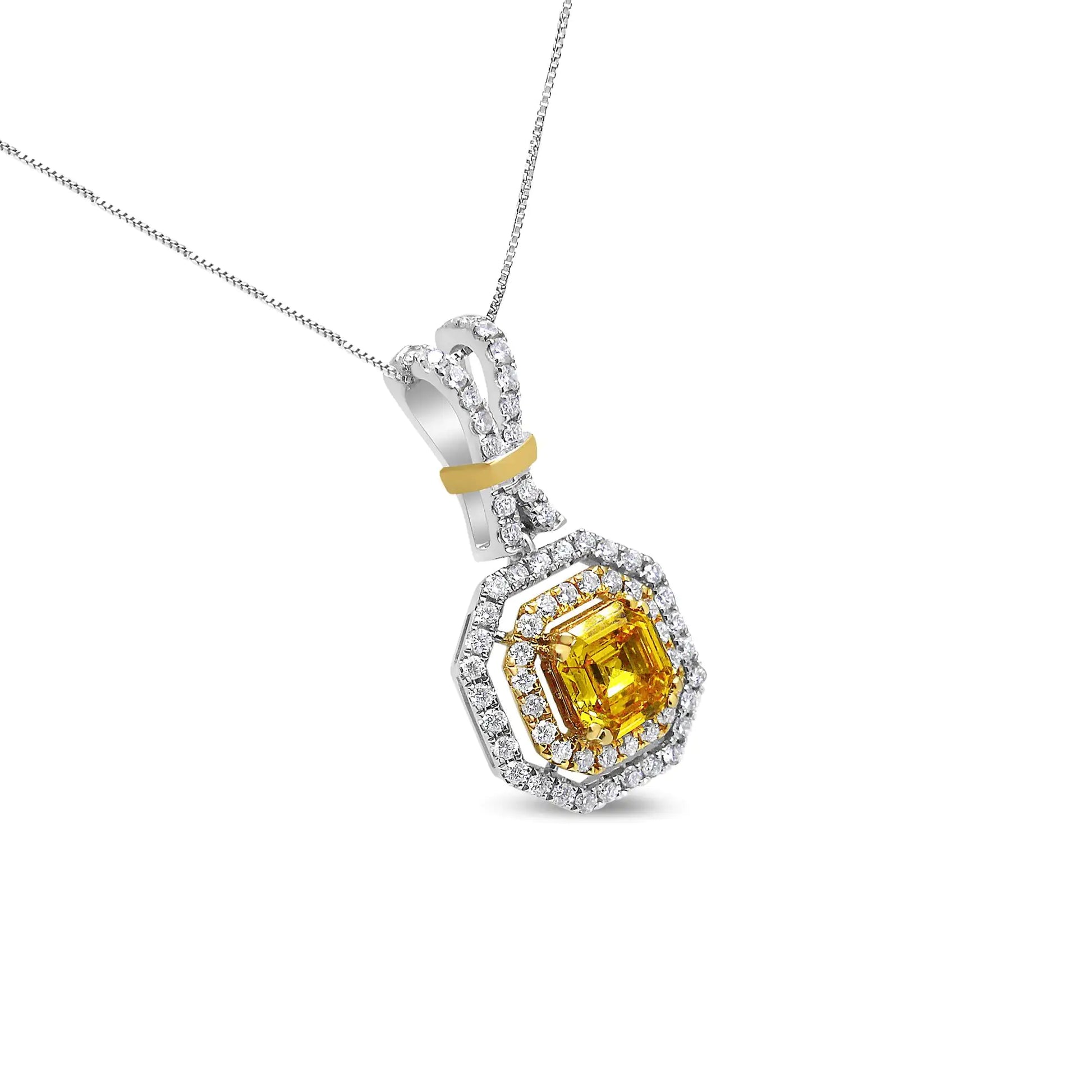 18K White and Yellow Gold 1.75 Cttw Lab Grown Treated Yellow Asscher CUnique and eye-catching, this glamorous pendant has an impressive total carat weight of 1.75 c.t. The central stone of this necklace is a lab-grown, asscher-cut yell75 Cttw Lab Grown Treated Yellow Asscher Center Diamond Halo 18" Pendant Necklace Yellow75 Cttw Lab Grown Treated Yellow Asscher Center Diamond Halo 18" Pendant Necklace Yellow