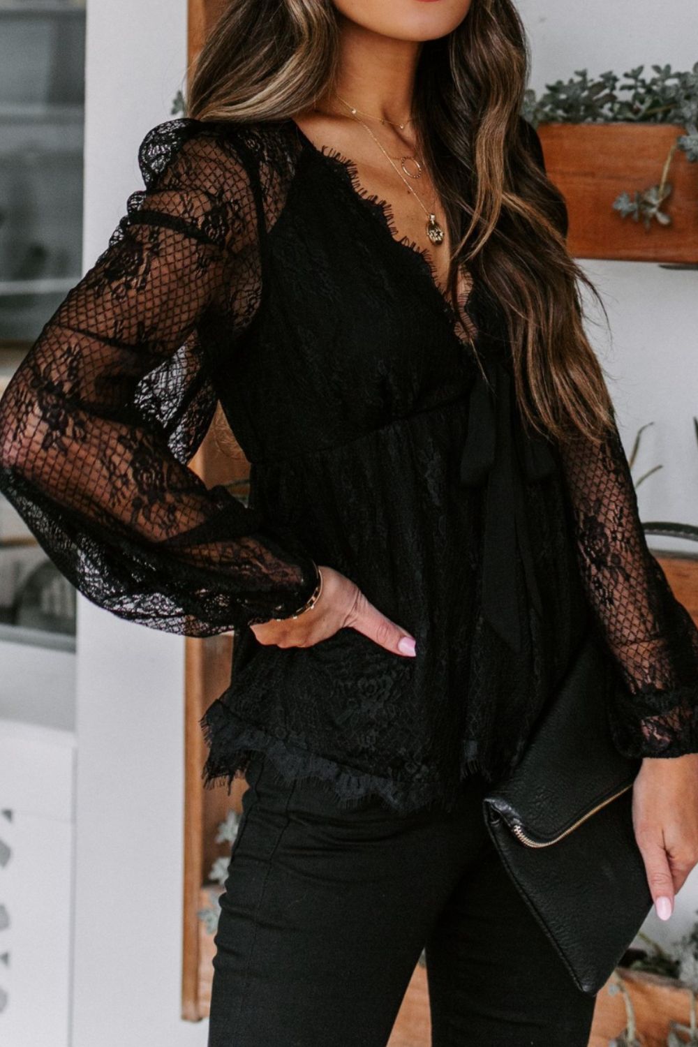 Lace Detail Plunge Long Sleeve BlouseElevate your wardrobe with our Lace Detail Plunge Long Sleeve Blouse. Featuring a flattering plunge neckline and delicate lace accents, this blouse exudes elegance aLace Detail Plunge Long Sleeve BlouseLace Detail Plunge Long Sleeve Blouse