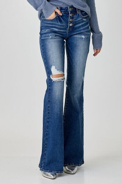 RISEN Distressed Button-Fly Flare JeansThe leg of these jeans presents a popular flared pants design, giving you more charm and personality when wearing them. Whether paired with a shirt, t-shirt or top, RISEN Distressed Button-Fly Flare JeansRISEN Distressed Button-Fly Flare Jeans