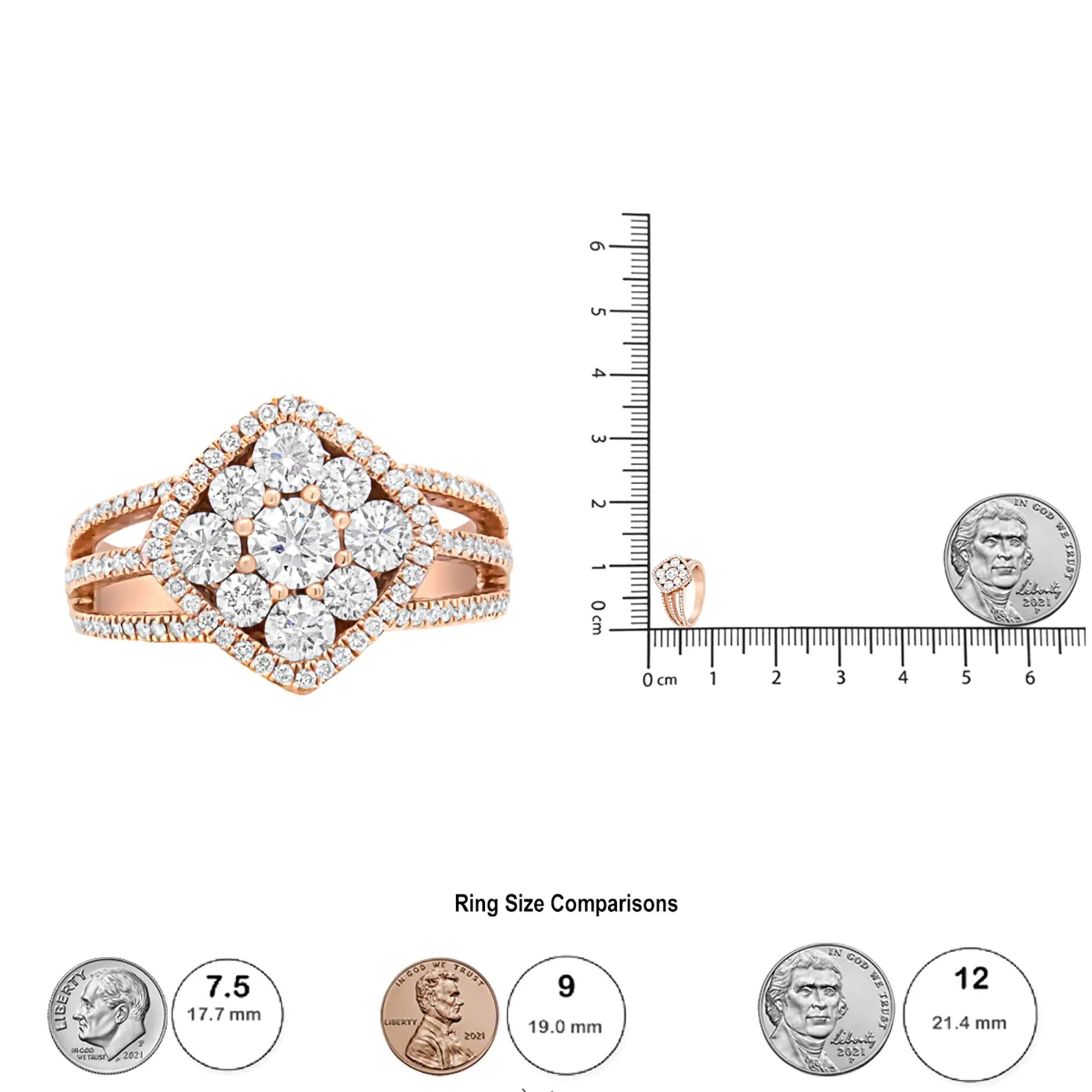 18K Rose Gold Diamond Halo Cluster Split Shank Ring BandWhite diamonds shine against the deeper, luxurious rose color of this 18k gold cluster ring. The central motif is in the shape of a rhombus and is embellished with t18K Rose Gold Diamond Halo Cluster Split Shank Ring BandRings18K Rose Gold Diamond Halo Cluster Split Shank Ring Band