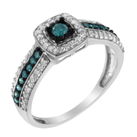 Treated Blue Diamond Halo Ring with White Diamonds in Sterling Silver – 0.5 CTW