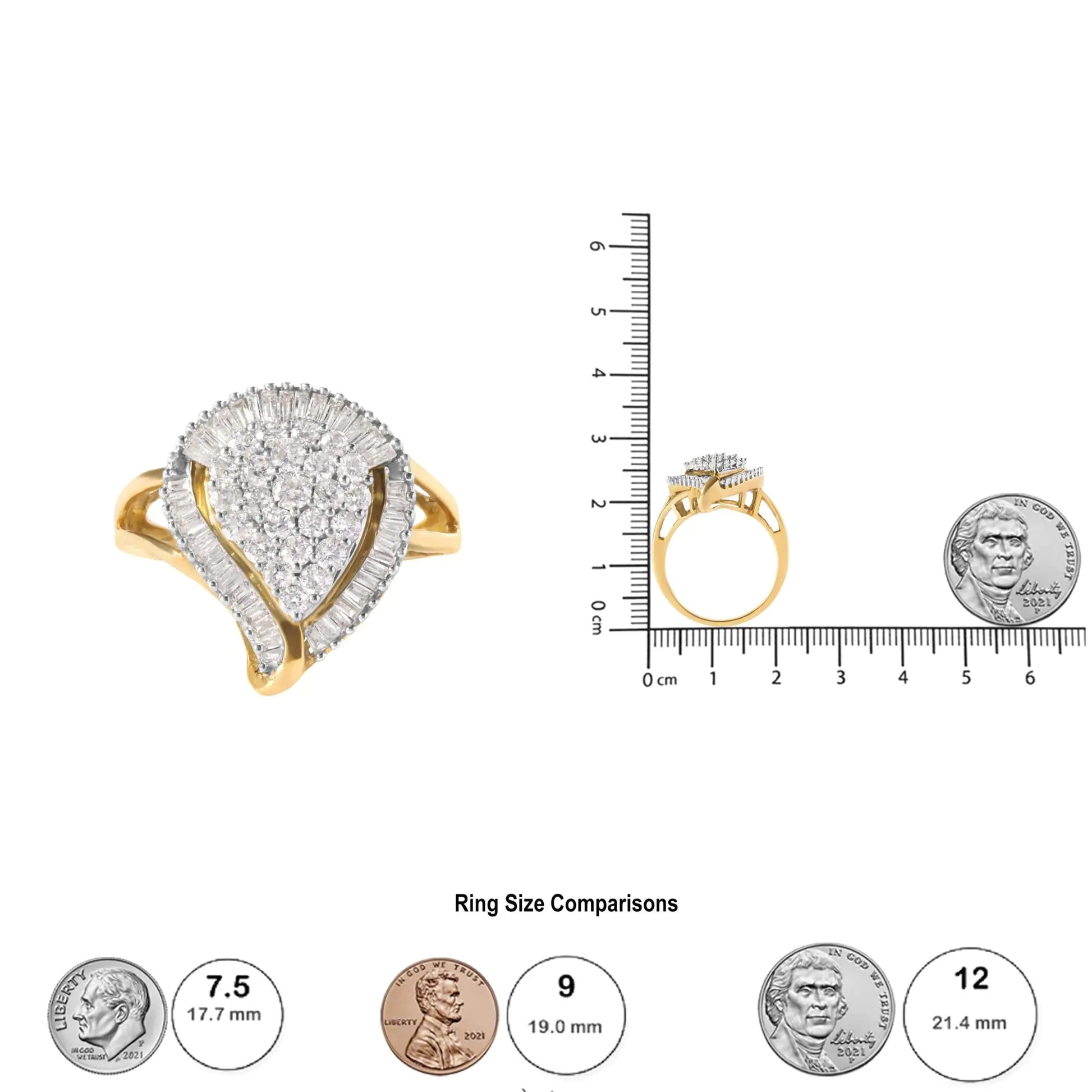 10K Yellow Gold 1 Cttw Round and Baguette Cut Diamond Ballerina ClusteIndulge in the elegance of this 10K Yellow Gold Ballerina Cluster Ring, adorned with 66 natural diamonds totaling 1.0 cttw. The round and baguette cut diamonds are c10K Yellow Gold 1 Cttw Round10K Yellow Gold 1 Cttw Round