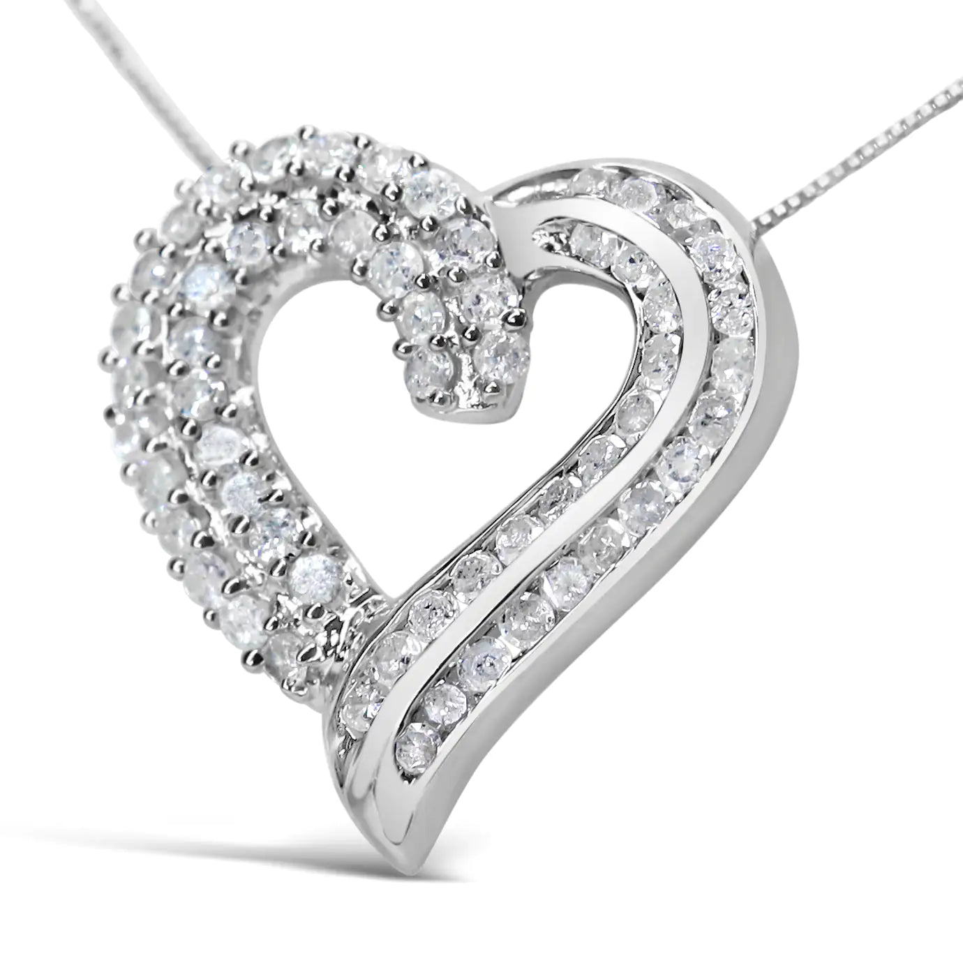 Sterling Silver Prong & Channel-Set Diamond Open work Ribbon Heart PenCelebrate love and romance with this stunning .925 sterling silver heart pendant necklace. Featuring an openwork heart silhouette adorned with 1.0 cttw of round diamSterling Silver Prong & Channel-Set Diamond Open work Ribbon Heart Pendant 18" NecklaceSterling Silver Prong & Channel-Set Diamond Open work Ribbon Heart Pendant 18" Necklace