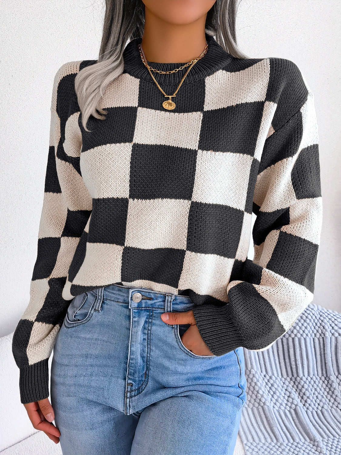 Checkered Mock Neck Long Sleeve SweaterFeatures: Basic style
Stretch: No stretch
Material composition: 100% acrylic
Care instructions: Machine wash cold. Tumble dry low.
Imported
Product Measurements (MeaCheckered Mock Neck Long Sleeve SweaterCheckered Mock Neck Long Sleeve Sweater