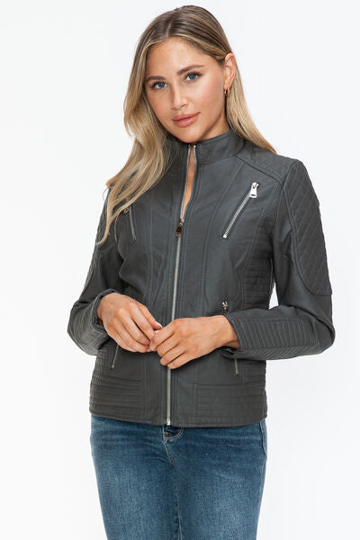 Snobbish Faux Leather Zip Up Mock Neck JacketThe Faux Leather Zip Up Mock Neck Jacket is a sleek and versatile outerwear piece. Made from durable faux leather, this jacket features a stylish mock neck design anSnobbish Faux Leather ZipSnobbish Faux Leather Zip