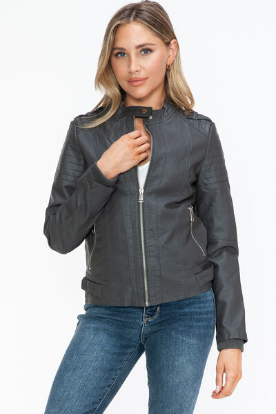 Snobbish PU Leather Biker Jacket with Side Zip PocketsA PU leather biker jacket with side zip pockets is a stylish and edgy piece that combines classic biker aesthetics with modern design elements. This jacket is typicaSnobbish PU Leather Biker JacketSnobbish PU Leather Biker Jacket