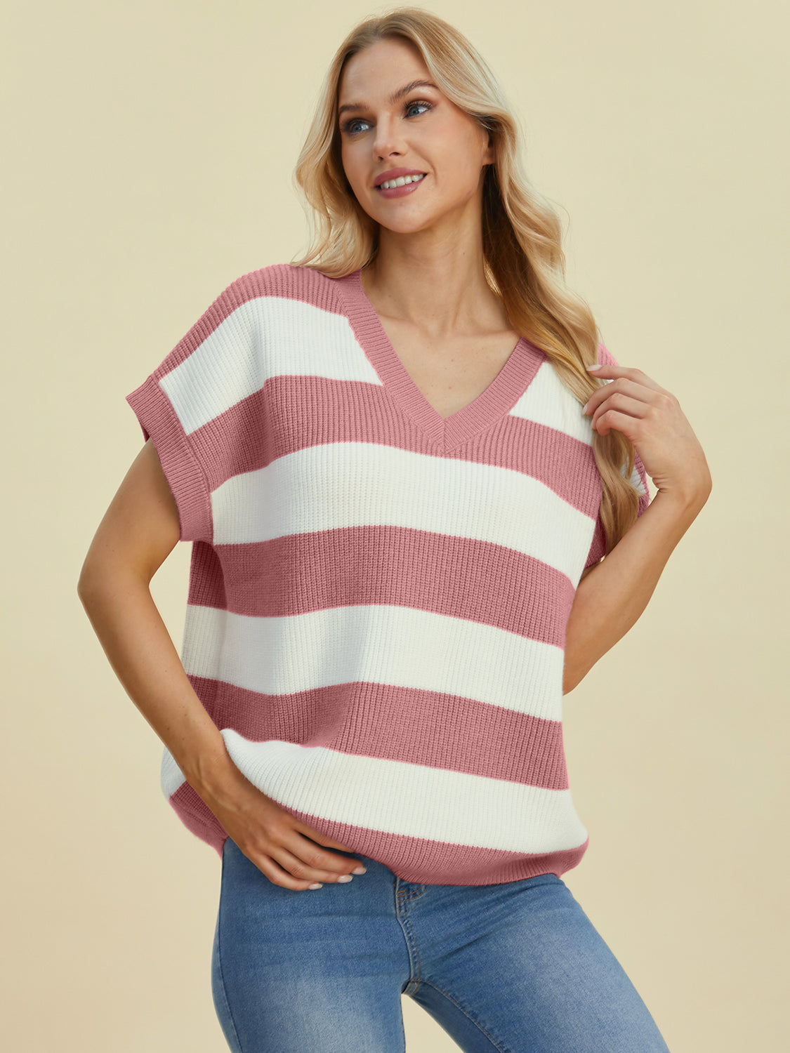 Double Take Full Size Striped V-Neck Short Sleeve SweaterFeatures: Basic style
Stretch: Moderate stretch
Material composition: 50% viscose, 29% polyester, 21% polyamide
Care instructions: Machine wash cold. Tumble dry low.-Neck Short Sleeve Sweater-Neck Short Sleeve Sweater