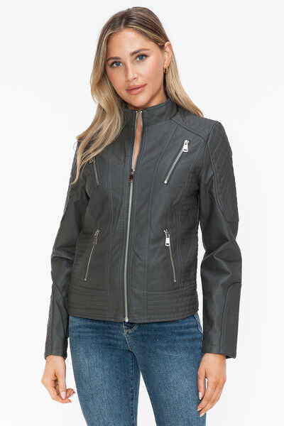 Snobbish Faux Leather Zip Up Mock Neck JacketThe Faux Leather Zip Up Mock Neck Jacket is a sleek and versatile outerwear piece. Made from durable faux leather, this jacket features a stylish mock neck design anSnobbish Faux Leather ZipSnobbish Faux Leather Zip