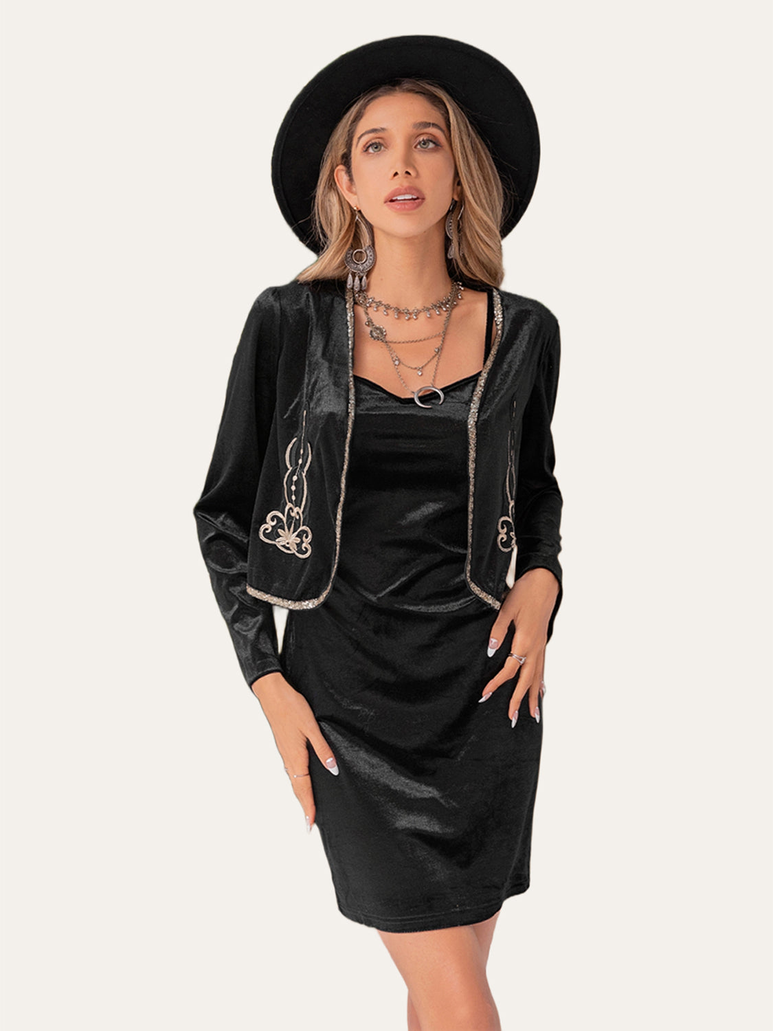 Embroidered Open Front Cardigan and Cami Dress SetElevate your wardrobe with our luxurious Embroidered Open Front Cardigan and Cami Dress Set. The intricate embroidery adds a touch of sophistication to this elegant Embroidered Open Front CardiganDressesEmbroidered Open Front Cardigan