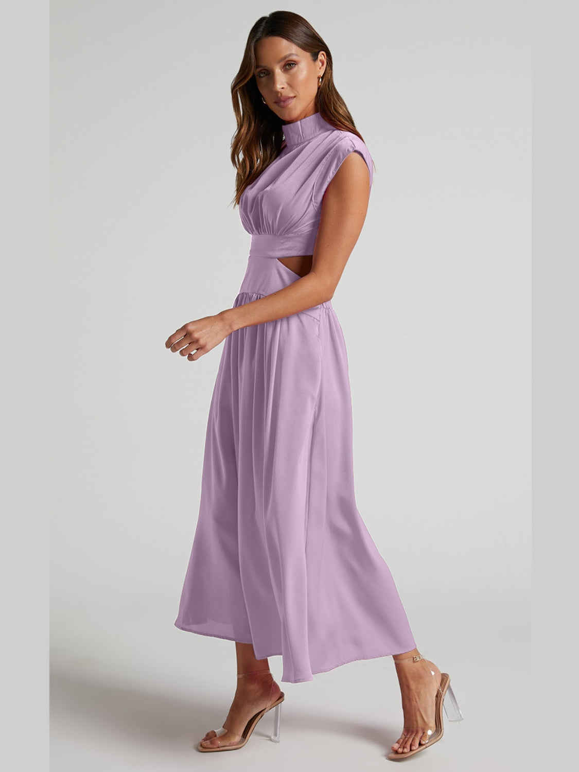 Cutout Mock Neck Sleeveless Ruched DressFeatures: Cutout
Sheer: Opaque
Stretch: Slightly stretchy
Body: Not lined
Material composition: 95% polyester, 5% spandex
Care instructions: Machine wash cold. TumblCutout Mock Neck Sleeveless Ruched DressCutout Mock Neck Sleeveless Ruched Dress