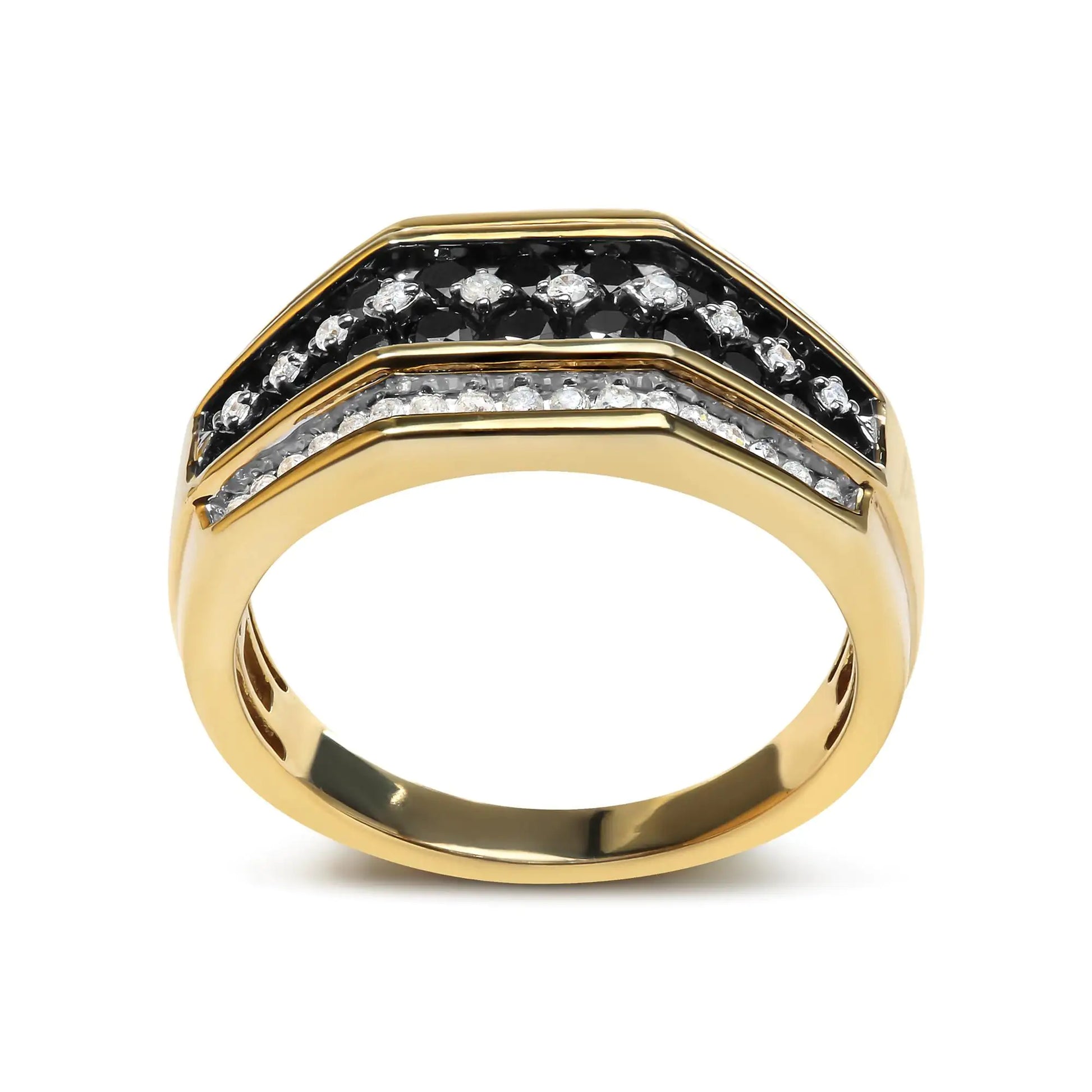 Men's 10K Yellow Gold 1 1/2 Cttw White and Black Treated Diamond ClustIndulge in luxury with our stunning Men's Black and White Diamond Band Ring. This remarkable piece is crafted from 10K Yellow Gold , creating an intricate and stylisMen'RingMen'