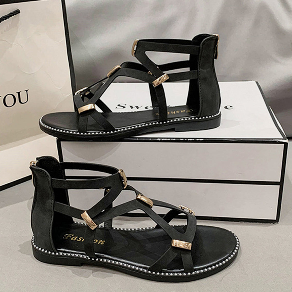 Open Toe Back Zipper Flat SandalsEnjoy effortless style and convenience with these Open Toe Back Zipper Flat Sandals. Featuring a sleek open-toe design and a back zipper for easy wear, these sandalsOpen Toe Back Zipper Flat SandalsShoesOpen Toe Back Zipper Flat Sandals