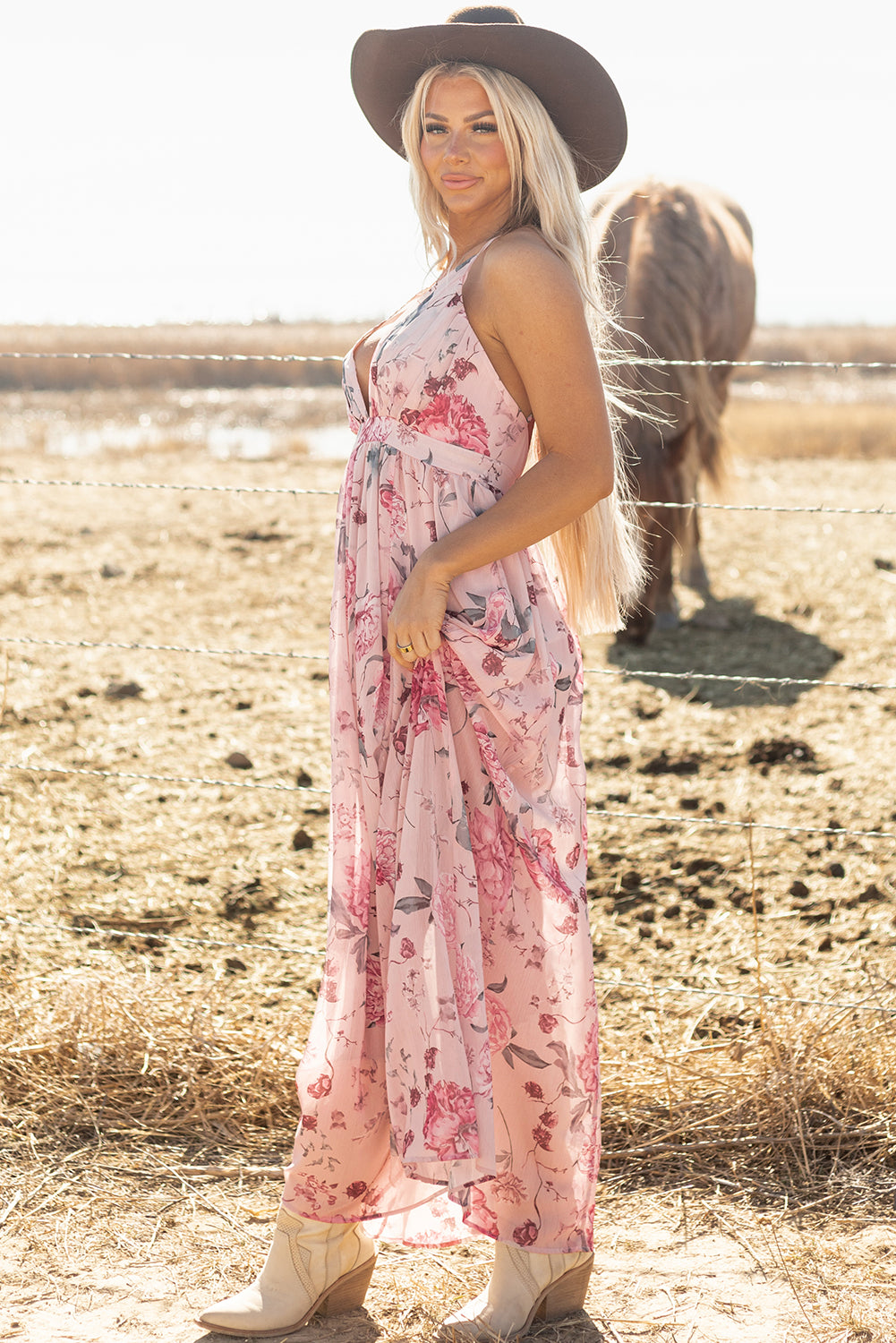 Romantic Pink Floral Maxi Dress: Pleated Bust, Deep V Neck, Empire Waist, and Backless Design