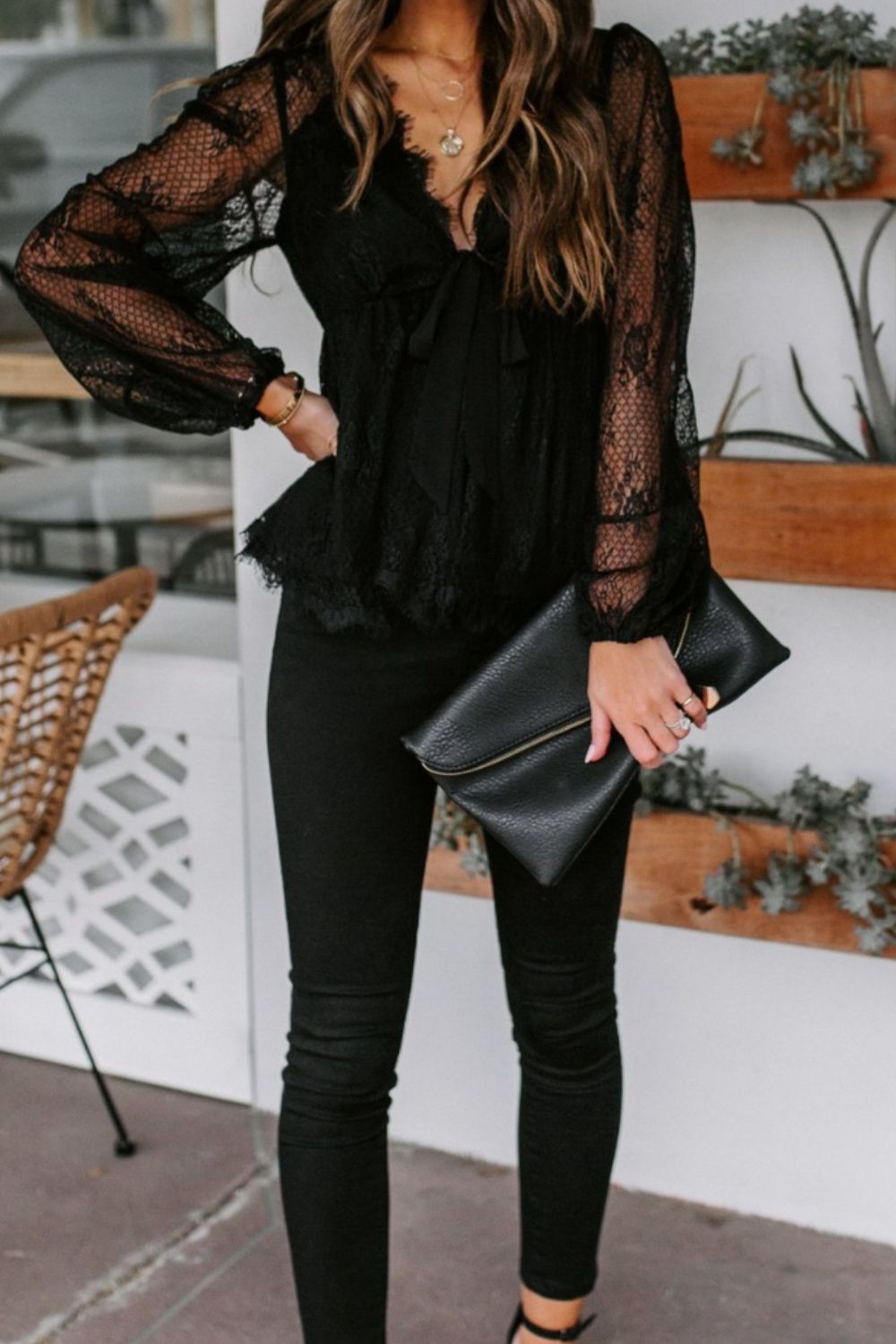 Lace Detail Plunge Long Sleeve BlouseElevate your wardrobe with our Lace Detail Plunge Long Sleeve Blouse. Featuring a flattering plunge neckline and delicate lace accents, this blouse exudes elegance aLace Detail Plunge Long Sleeve BlouseLace Detail Plunge Long Sleeve Blouse