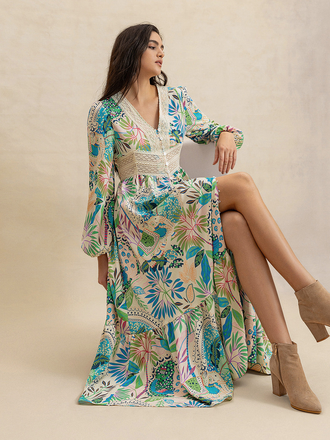 Slit Printed V-Neck Long Sleeve Midi DressFeatures: Buttoned, Slit
Sheer: Opaque
Stretch: No stretch
Body: Not lined
Material composition: 95% polyester 5% elastane
Care instructions: Machine wash cold. Tumb-Neck Long Sleeve Midi Dress-Neck Long Sleeve Midi Dress