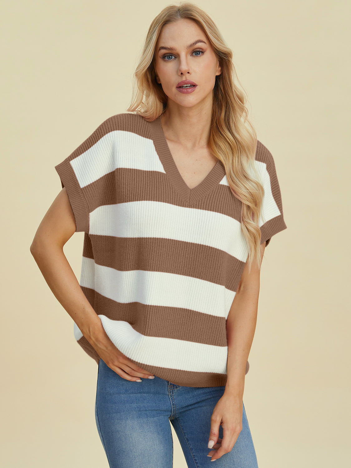 Double Take Full Size Striped V-Neck Short Sleeve SweaterFeatures: Basic style
Stretch: Moderate stretch
Material composition: 50% viscose, 29% polyester, 21% polyamide
Care instructions: Machine wash cold. Tumble dry low.-Neck Short Sleeve Sweater-Neck Short Sleeve Sweater