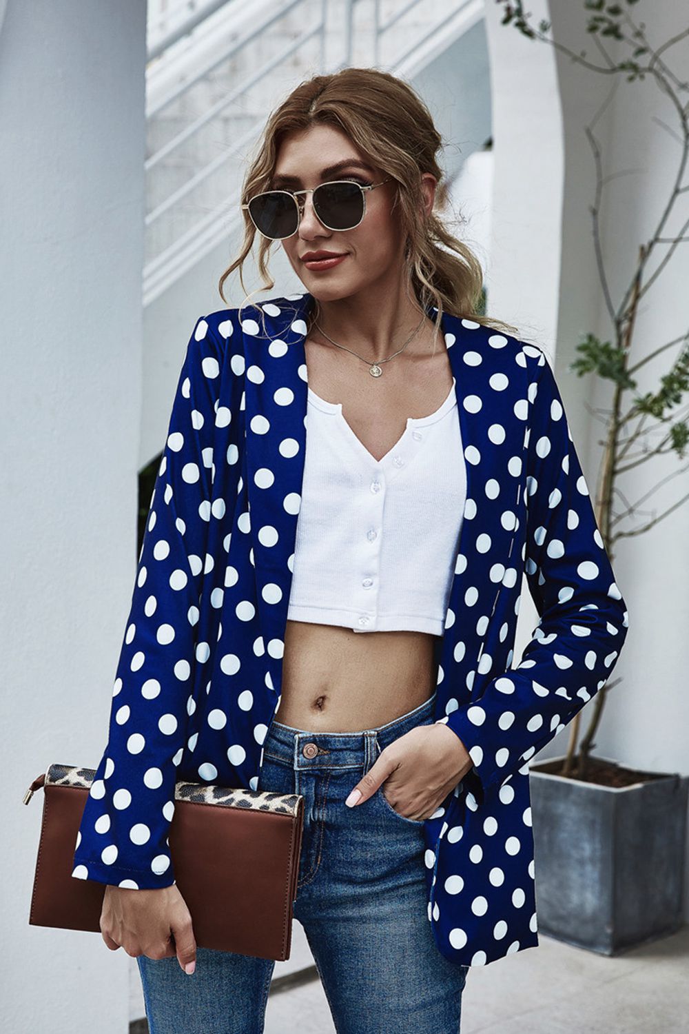 Polka Dot Long Sleeve BlazerPattern type: Polka dot
Style: Chic
Features: Basic style
Neckline: Open front
Length: Regular
Sleeve length: Long sleeves
Sleeve type: Regular sleeves
Material compPolka Dot Long Sleeve BlazerCoatsPolka Dot Long Sleeve Blazer