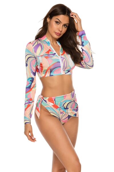 Printed Zip Up Three-Piece Swim SetFeatures: Basic style
Number of pieces: Three-piece
Chest pad: No padding
Underwire: No underwire
Stretch: Highly stretchy
Material composition: 90% polyester 10% sp-Piece Swim Set-Piece Swim Set